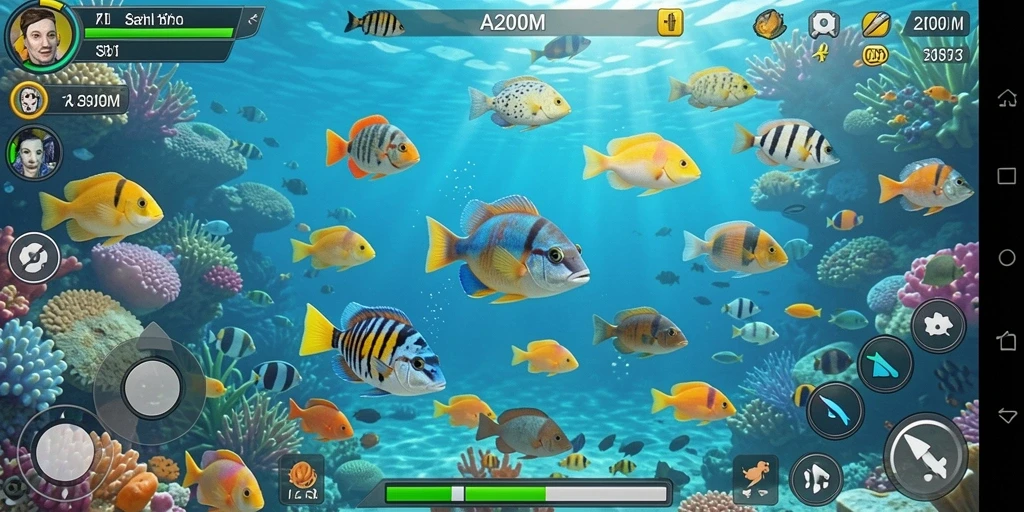 Gameplay seru A200M saat menembak ikan berwarna-warni.