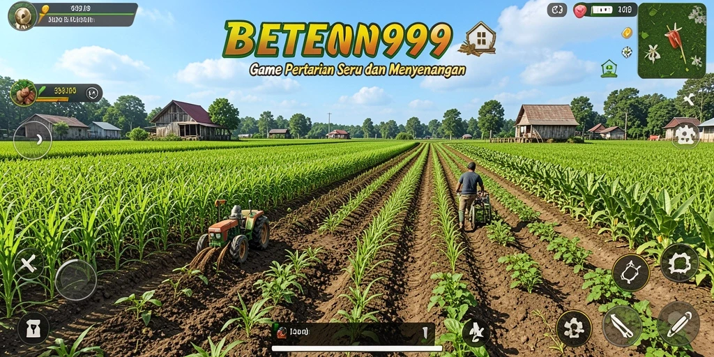 Screenshot utama BETON999 menunjukkan petani yang sedang merawat ladangnya.