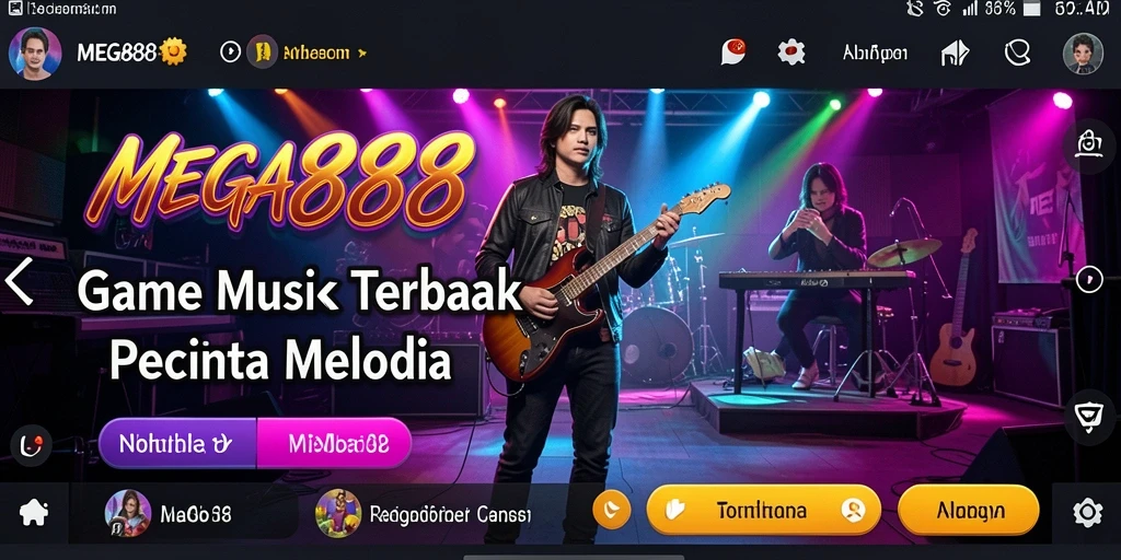 Screenshot utama MEGA888 menampilkan gameplay interaktif dan menawan bernuansa musik.