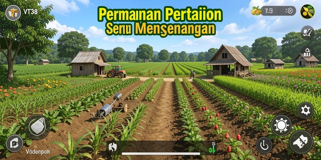 Gameplay seru VT38 dengan ladang yang subur dan hewan ternak.