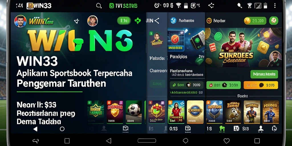Screenshot utama WIN33 menampilkan antarmuka aplikasi Sportsbook yang menarik dan informatif.